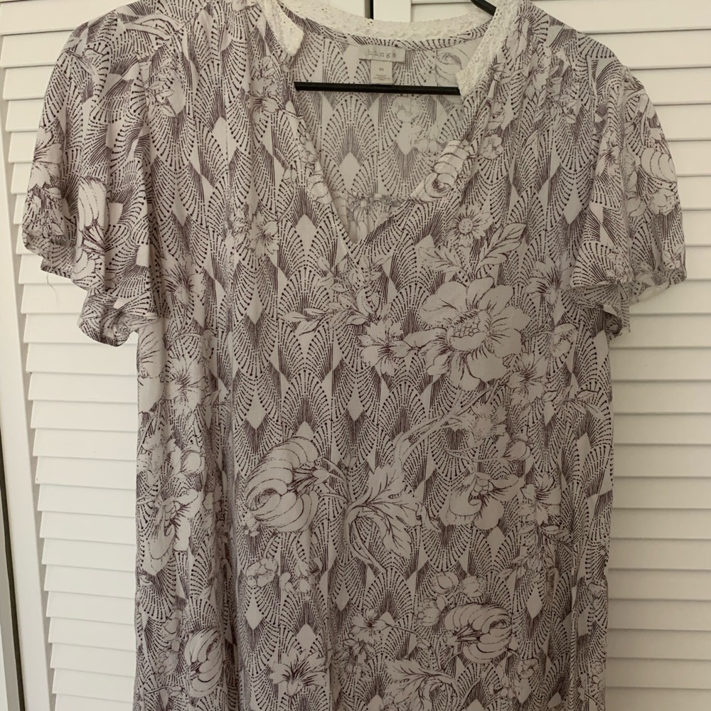 Hinge Cream and Purple Floral Short Sleeve Blouse